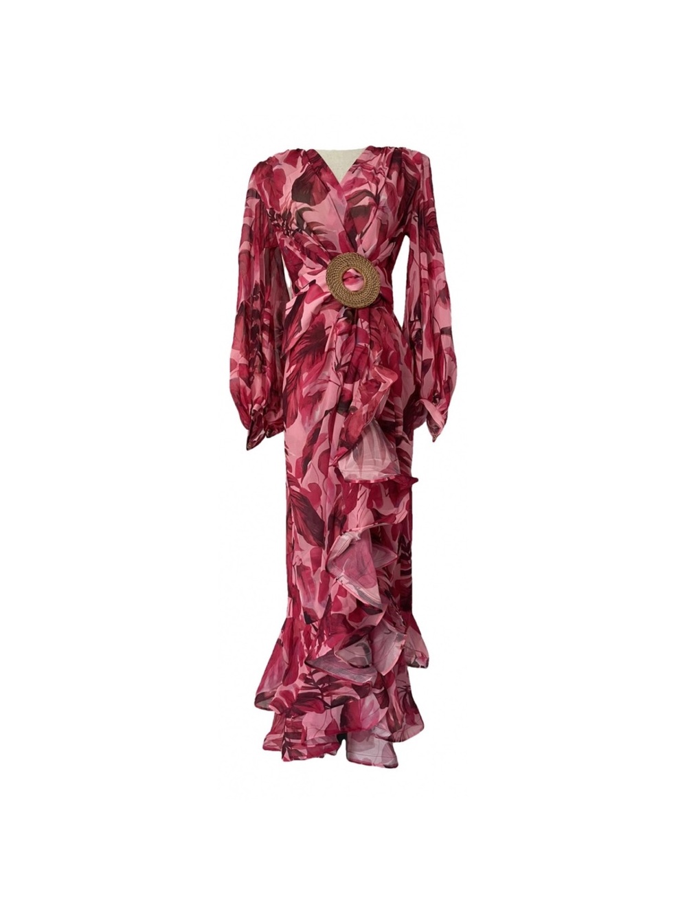 Bronx and Banco Rose-Pink Floral Wrap Maxi with Statement Belt